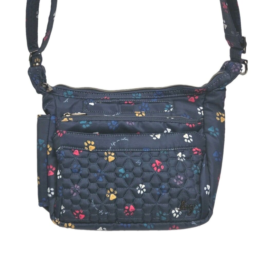 Lug Purse Flutter SE Crossbody Bag Blue Paw Print Quilt Nylon Travel Pockets Zip